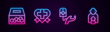 Hattı belirle, bağış yap, çarmıhlı kalp yap, kan bağışı yap ve çocuklara bak. Parlayan neon ikonu. Vektör