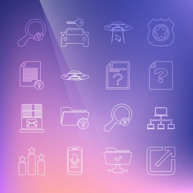 Satırı yeni pencere bilgisayar ağında aç Bilinmeyen belge UFO inek uçan uzay gemisi arama konumu ve simgesini kaçırdı. Vektör.