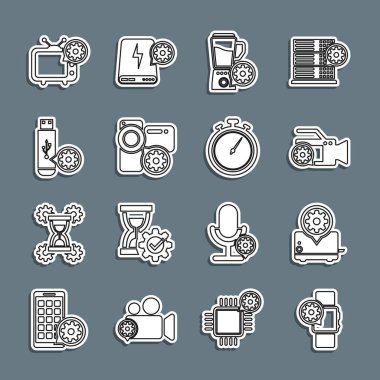 Smartwatch hattını ayarla. Toaster Video kamera mikserini USB flash disk ve Stopwatch ikonu ile ayarla. Vektör.