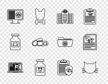 Hat klinik kayıt köpeğini dizüstü bilgisayara koyun Kedi Veterinerlik Hastanesi Köpek Şişe Hayvan İzleyicisi, haplar ve kedi ikonu için tıbbi sertifika. Vektör.