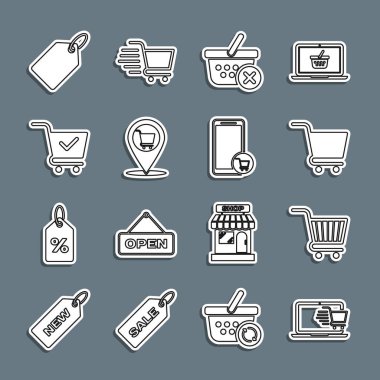 Satın alma arabasını dizüstü bilgisayarda ayarla. Marka etiketli, etiket etiketli, mobil ve simgeli alışveriş sepeti konumunu kaldır. Vektör.