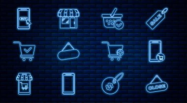 Kapalı Mobil ve alışveriş arabası işaretli tabela asma işareti Ekle ve market simgesine ekle. Vektör.