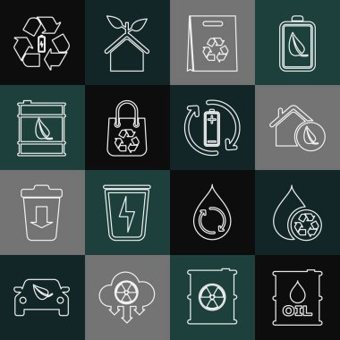 Yağ Varili Geri Dönüşüm Hattı Temiz Su Çevre dostu ev alışveriş çantası Geri dönüşüm biyoyakıt bataryası ve ikon ile. Vektör.