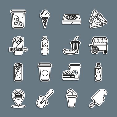 Dondurma şişesi. Fast Street yiyecek arabası. Pizza, karton kutu Burrito Glass ve Soda ve sosisli ikonu. Vektör.