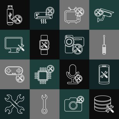 Satır veritabanı sunucu servisi Smartphone Tornavida TV Smartwatch Bilgisayar monitörü USB flash ve Video kamera simgesini ayarla. Vektör.