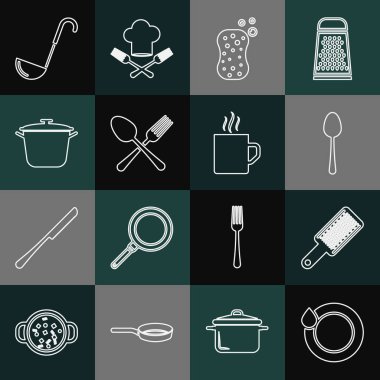 Bulaşık Bulaşık Süngeri 'ni köpüklü çatal ve kaşık kaşığı aşçı kepçesi ve kahve fincanı ikonu ile ayarla. Vektör.