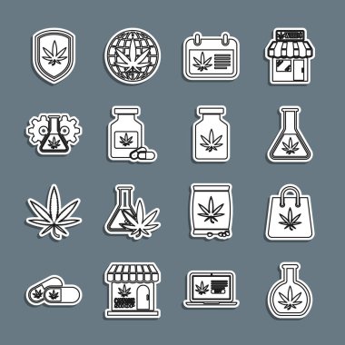 Hat test tüpünü marihuana alışveriş çantası, takvim, tıbbi şişe kalkanı ve ikon ile ayarla. Vektör.