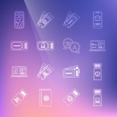 Şehir haritası ve çevirmen simgesi Bilet Bilgi Hattı Otobüs Hattı Online otel rezervasyonunu ayarla. Vektör.