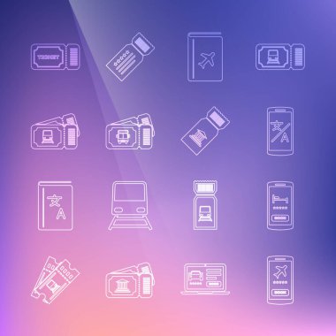 Çevrimiçi otelin bilet rezervasyonunu çevirmen kapak seyahat rehberi otobüs bileti ve müze simgesi ile Mobile hattını ayarla. Vektör.