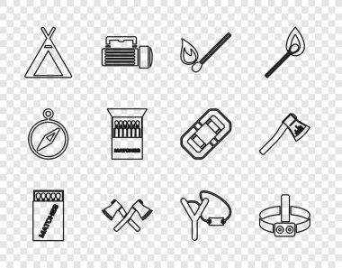 Açık kibrit kutusu ve kibrit kutusunu ayarlayın. Baş feneri, çapraz ahşap balta, turist çadırı sapanı ve tahta ikon ile yanıyor. Vektör.