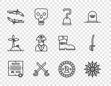 Decree parşömen parşömeni, direksiyon, korsan kancası, çapraz korsan kılıçları, klasik tabancalar, Kaptan para ve ikon. Vektör.