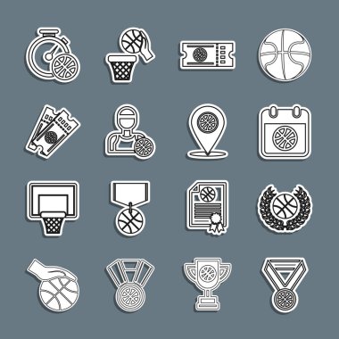Basketbol madalya ödülünü spor takvimi oyuncusu Stopwatch ve lokasyon ikonunda basketbolla belirle. Vektör.