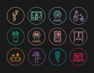 Akıllı tarım teknolojisi otomatik sulama fıskiyeleri konumu ve ağaç saksısı yönlendiricisi wi-fi sinyal kontrol sistemi ve simgesi ayarla. Vektör.