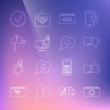 Satır Ayarlama El Başparmağı Sevmeme Sayfası 'nı 404 hata Bilgisayar monitörü servisi açık posta kutusu işaretleme çemberi ve Konuşma köpüğü sinirli gülümseme simgesi ile ayarla. Vektör.