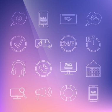 Hat Mobil 'i SSS bilgisi ile ayarla Takvim Kronometresi İnternet bağlantısı yok Araç Kontrol İşaretleme, Konuşma balonu üzgün gülümsemesi ve Saat 24 saat simgesi. Vektör.