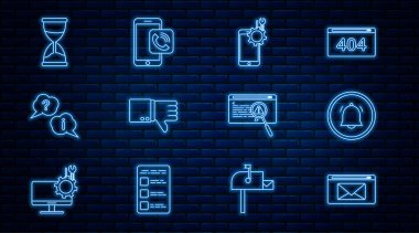 Satır Posta ve E- posta Tuşu sohbet bildirim Mobil servisi Soru Bildirimi Kum Saati Hata Sistemi Konsepti ve telefon arama simgesinden nefret et. Vektör.