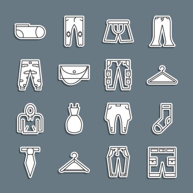 Kısa sıra ya da pantolon askısı gardırop erkekler iç çamaşırı debriyaj çantası kamuflaj spor çorap ve kargo ikonu. Vektör.