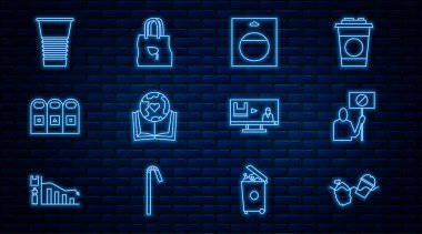 Okyanus doğasının sorun kirliliğini belirle protesto bataryalarını koru dünya küresi ve çöp kutuları kağıt bardakları ayıkla plastiği durdur ve geri dönüşüm ikonuyla alışveriş yap. Vektör.