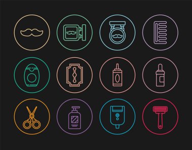 Tıraş bıçağı sakalı ve bıyık bakım yağı şişesi, berber bıçağı, şampuan bıyığı ve ikon. Vektör.