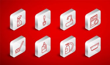 Hat plastik leğen fırçasını musluk suyu bulaşık makinesi, bulaşık makinesi, bulaşık deterjanı deterjan deterjan yumuşatıcısı ve temizlik ikonu için fırça ile ayarla. Vektör.