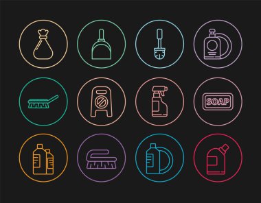 Temizlik malzemesi olan sabun, tuvalet fırçası zemini ve fırça, çöp torbası sprey şişesi, deterjan ve faraş ikonu. Vektör.