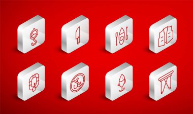 Katlanan sandalye, kano, balıkçı ceketi, balıkçılık, balıkçılık ve şişme bot ikonu yok. Vektör.