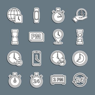 Hat saatini 24 saat öncesinin Kum Saati Dünya saatiyle ve saat simgesiyle ayarla. Vektör.