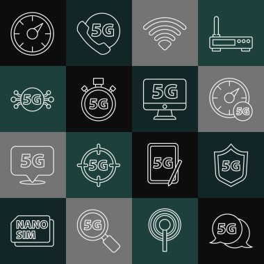 Hat 5G ağ Koruyucu Kalkan Dijital hız ölçer kablosuz ve simge ile monitör ayarla. Vektör.