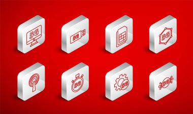 Satır 5G ağ modem Sim kart ayarlama monitörünü dijital hız ölçer ve anten simgesi ile ayarla. Vektör.