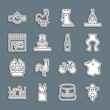 Fransız Scooter Haritası Kurbağa Bacakları Fransız Horoz Fountain Kafe Kol Saati ve Ruj Simgesi. Vektör.