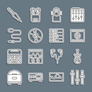 Satır Müzik Dengeleyici Elektronik bas gitar Online Video Adam kulaklıkları CD veya DVD disk Ses oynatıcı ve çalma listesi simgesi. Vektör.