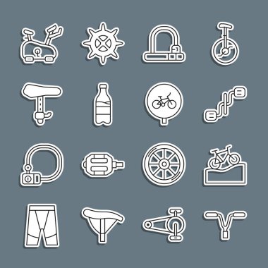 Bisiklet gidonu bisiklet pedallarını su oturağı sabit ve ikonlu spor şişesiyle sabitleyin. Vektör.