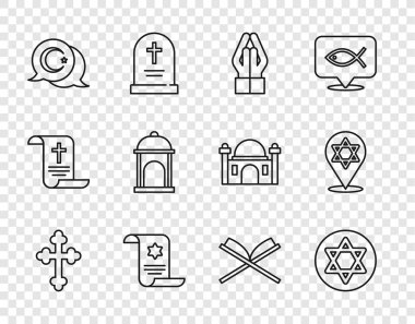 Hristiyan haçı Davut 'un Elleri dua pozisyonu alın Tevrat parşömeni Hilal Müslüman Camii kutsal kitap Kuran ve ikon. Vektör.