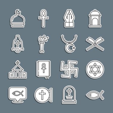 Hristiyan balık yıldızı Davut 'un kutsal kitabı Kur' an-ı Mübarek, dua pozisyonu Aspergillum Kilisesi, Müslüman Camii ve Hilal Zinciri ikonu. Vektör.