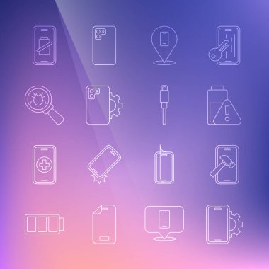 Hattı, akıllı telefon şarj sistemi hatası ve USB kablo ikonu olan mobil telefon tamir servisini ayarlayın. Vektör.