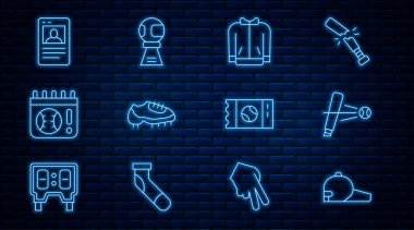 Beyzbol şapkalı beyzbol sopası t-shirt çizmeli takvim beyzbol kartı bileti ve ödül kupası ikonu. Vektör.