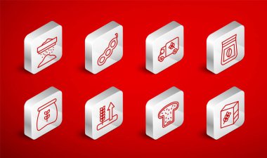 Unlu, yeşil bezelye kamyonu, kahve poşeti, ekmek ekmeği, un, buğday ve ikon. Vektör.