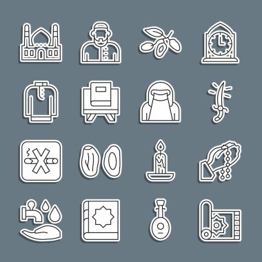 Geleneksel halı eller dua pozisyonu Arap kılıcı Kur 'an-ı Müslim Kurta Müslüman Camii' nin kutsal kitabı ve kadın niqab ikonu. Vektör.