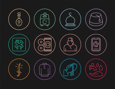 Wudhu Yıldızı ve Hilal Müslüman Camii Geleneksel Ramazan Halısı, Ukala Adam ve Bağış ya da zekat ikonunu öde. Vektör.