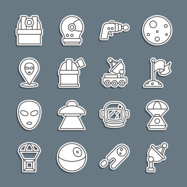 Uydu anteni uzay kapsülü Ay 'ı, ışın tabancası Astronomik Gözlemevi Uzaylı ve Mars Gezgin ikonu ile ayarla. Vektör.