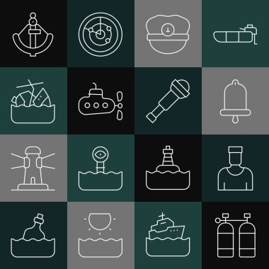 Hat Aqualung Sailor kaptanı Kaptan Kaptan Şapka Denizaltı Batan Gemi Anchor ve Spyglass teleskop mercek ikonu. Vektör.