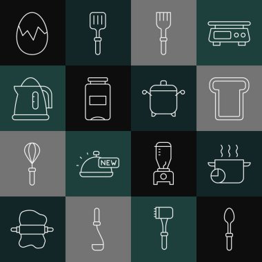 Çay kaşığı demlik ekmekli tost, çatallı reçel kavanozu elektrikli su ısıtıcısı kırık yumurta ve ikon. Vektör.