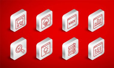 Satır Çevrimiçi alışverişini ekranda Cloud teknolojisi veri transferi Tarayıcı pencere grafiği grafiksel sunucu UI veya UX tasarımı ve büyüteç tasarımı üzerinden ayarlayın ve simgeyi silin. Vektör.