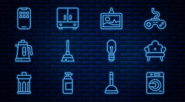 Çizgi Temizleyici Kanepe Resim Kolu Elektrikli süpürge Mobil Uygulama Ampulü ve Gardırop simgesi. Vektör.