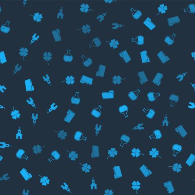 Dört yapraklı yonca, deney tüpü ve matara, Dizin ve Kilise binasını pürüzsüz desen üzerine kurun. Vektör.