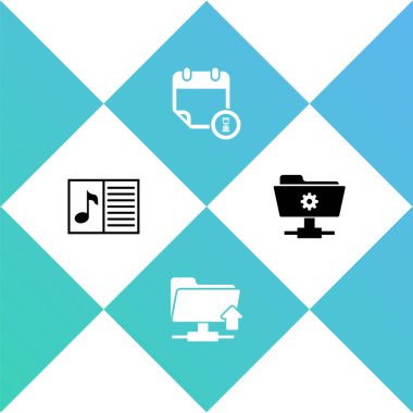 Müzik kitabını not ile ayarla, FTP dizin yüklemesi, takvim ve saat ve ayar simgesi. Vektör.