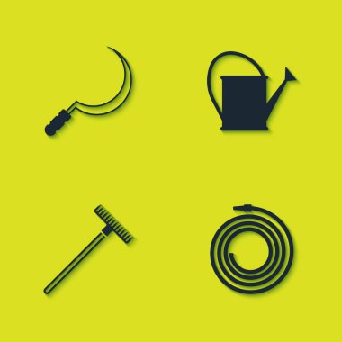 Orak, bahçe hortumu ya da itfaiye hortumu, tırmık ve su kutusu ikonu hazırla. Vektör.