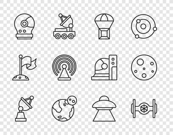 Set Line Satellitenschüssel Kosmische Schiff Box Fliegen Fallschirm Erde Globus — Stockvektor