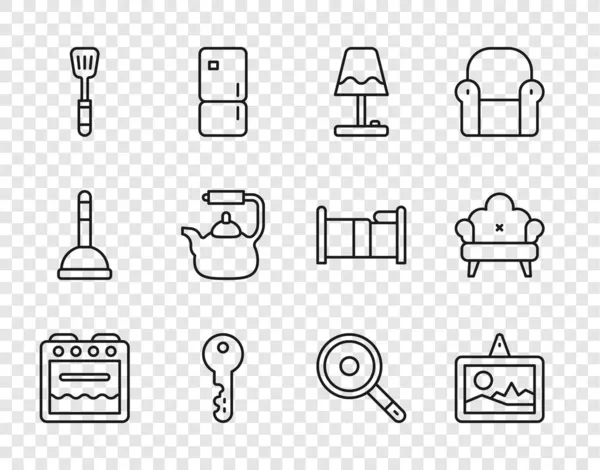 Set Line Oven Picture Table Lamp House Key Spatula Kettle — Stock Vector