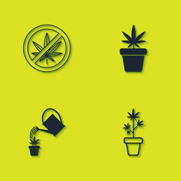 Set Stop Marijuana Plante Marijuana Pot Arrosoir Icône Vecteur — Image vectorielle